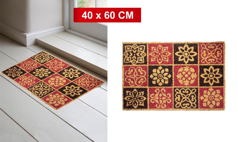 Felpudo fibra natural de coco azulejos rojo 40x60 cm