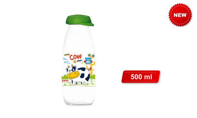Botella de vidrio diseño vaca color verde 500ml.